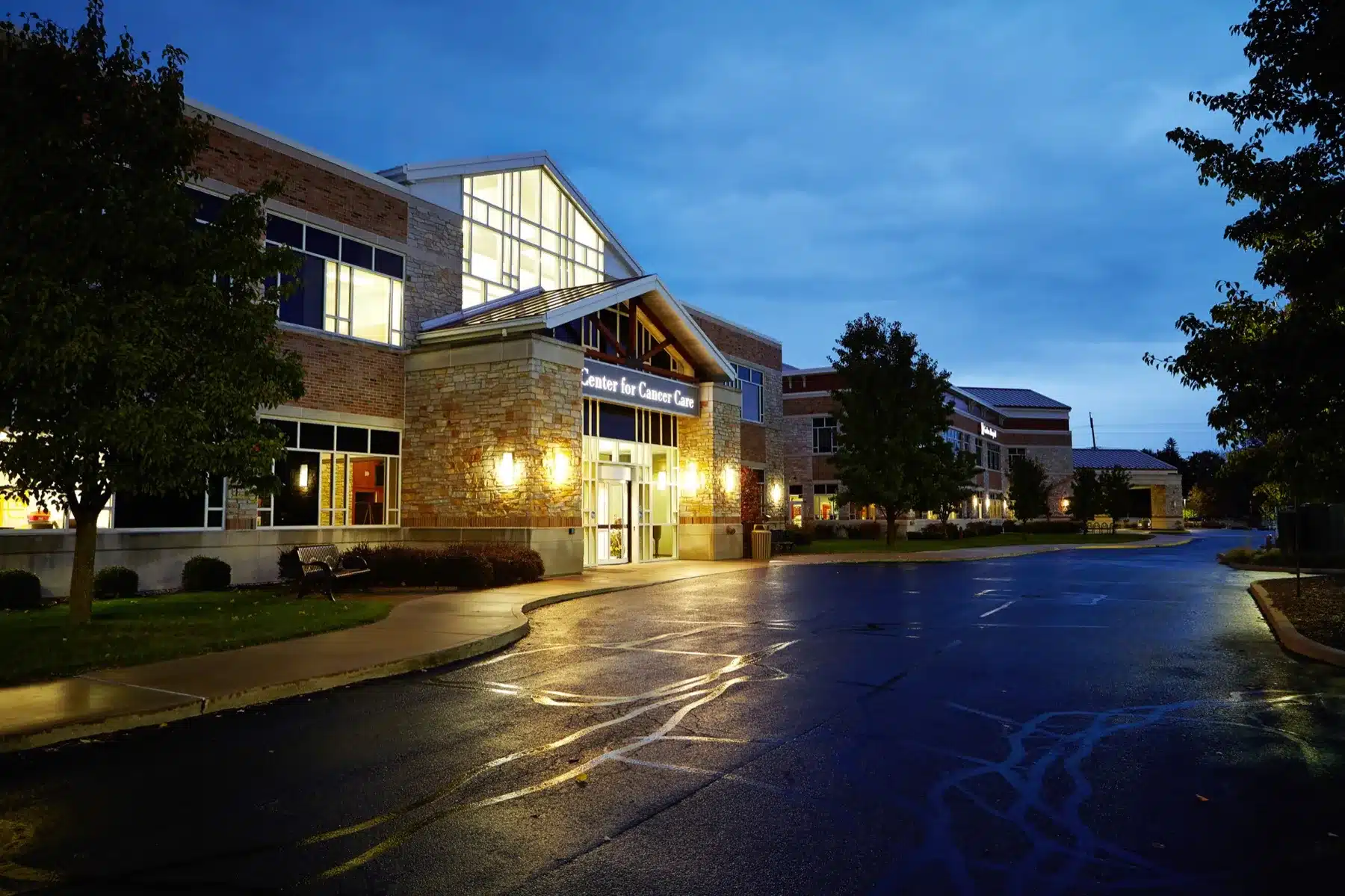 Goshen Health Center for Cancer Care at dusk